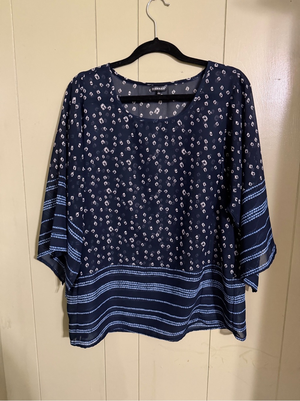 Hannah Navy Printed Dolman Sleeve Blouse with Stripe Hem